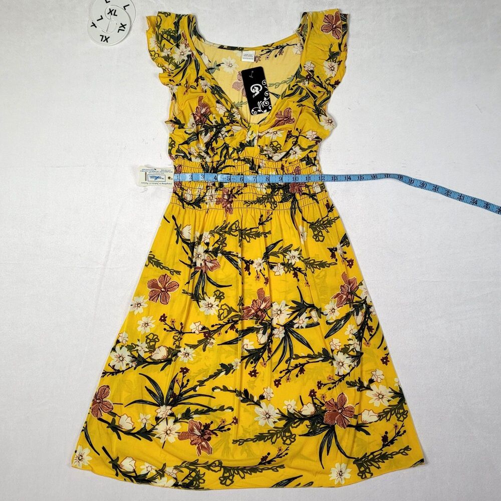 GM Yellow Tropical Floral Smocked Flutter Sleeve Dress L/XL NWT - Picture 3 of 8